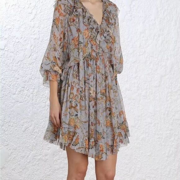 Auth Zimmermann Blue Floral Print Crinkled Chiffon Ruffled Drawstring Dress XS - Picture 4 of 10